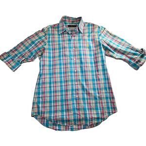 RALPH LAUREN "Blake" Long Sleeve Plaid Cotton Shirt Turquoise/Pink/Blue SZ Med